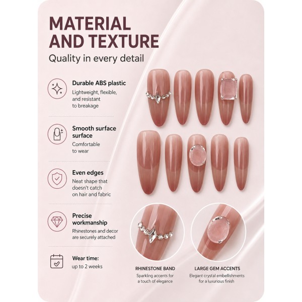Nude‑Pink Gradient Long Almond Press‑On Nails, Luxury False Nails with Chain Rhinestones & Large Gems